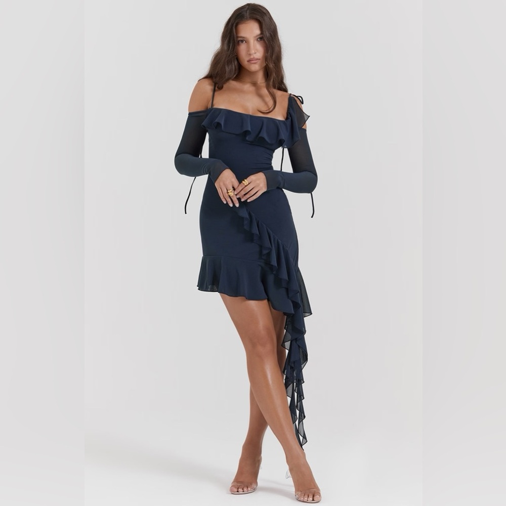 NWT House of CB Kiki French Navy Ruffle Mini Party Cocktail Dress in Size Small